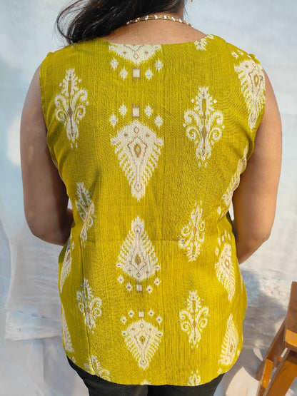 Mustard Ikat sleeveless short kurtis