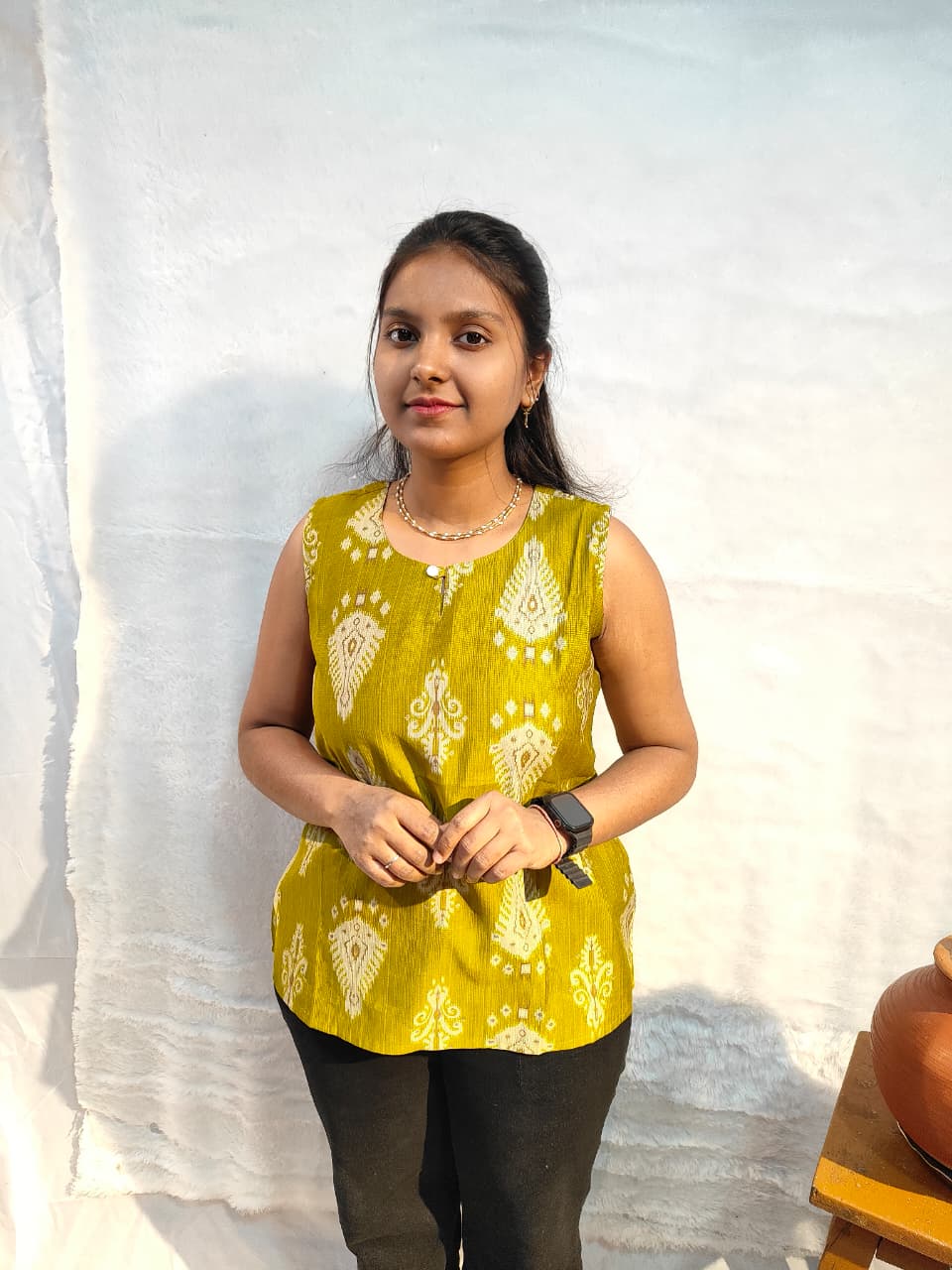 Mustard Ikat sleeveless short kurtis