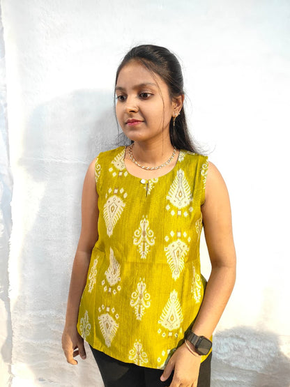 Mustard Ikat sleeveless short kurtis